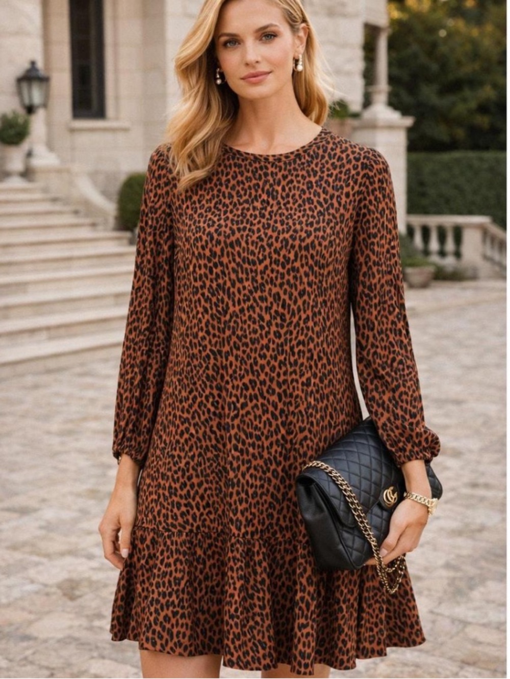 GAP Long Sleeve Leopard Print Dress - Brown, size medium (tall)